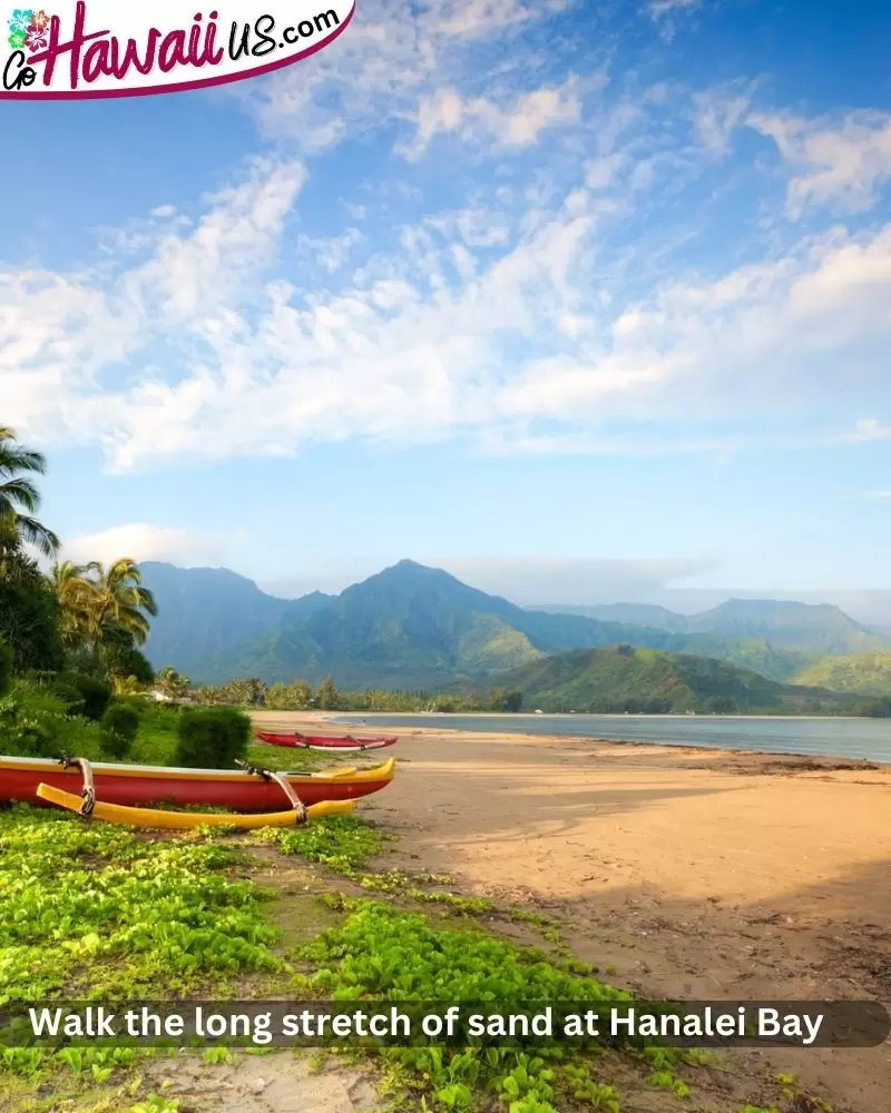 Walk the long stretch of sand at Hanalei Bay 